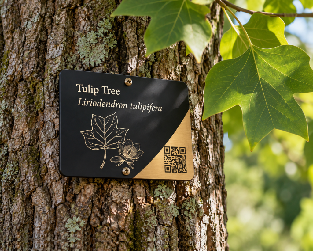 Arboretum sign on tulip tree.